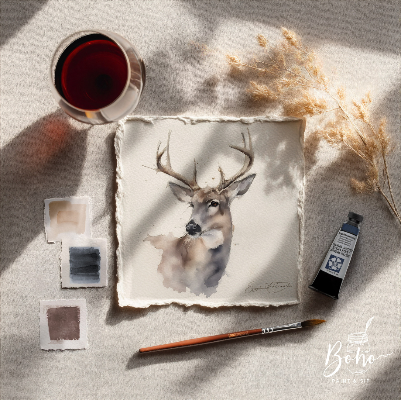 Deer watercolor by Elizabeth Teklinski, shown with prepared paint colors and a brush