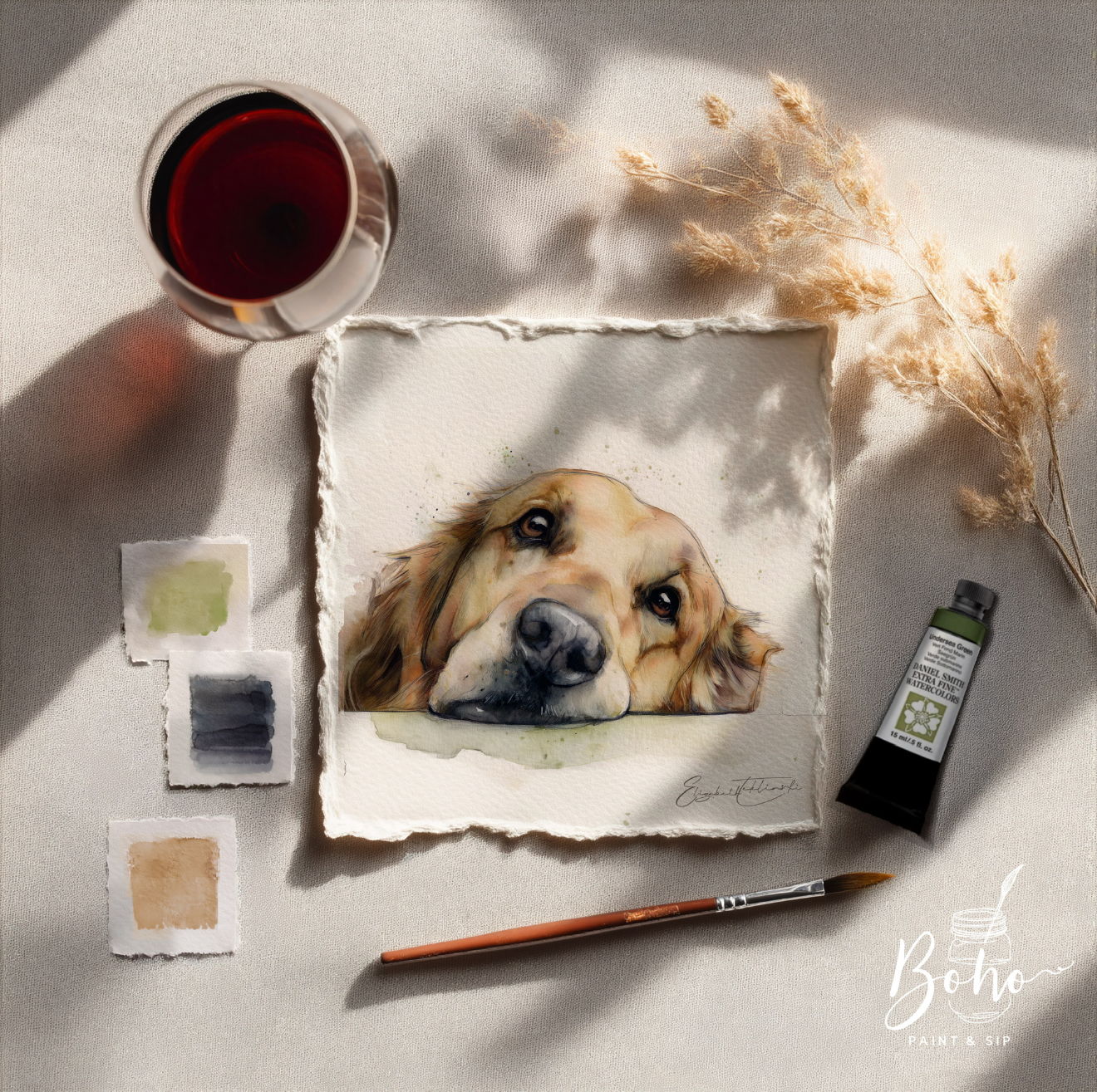 Golden retriever, original watercolor by Elizabeth Teklinski