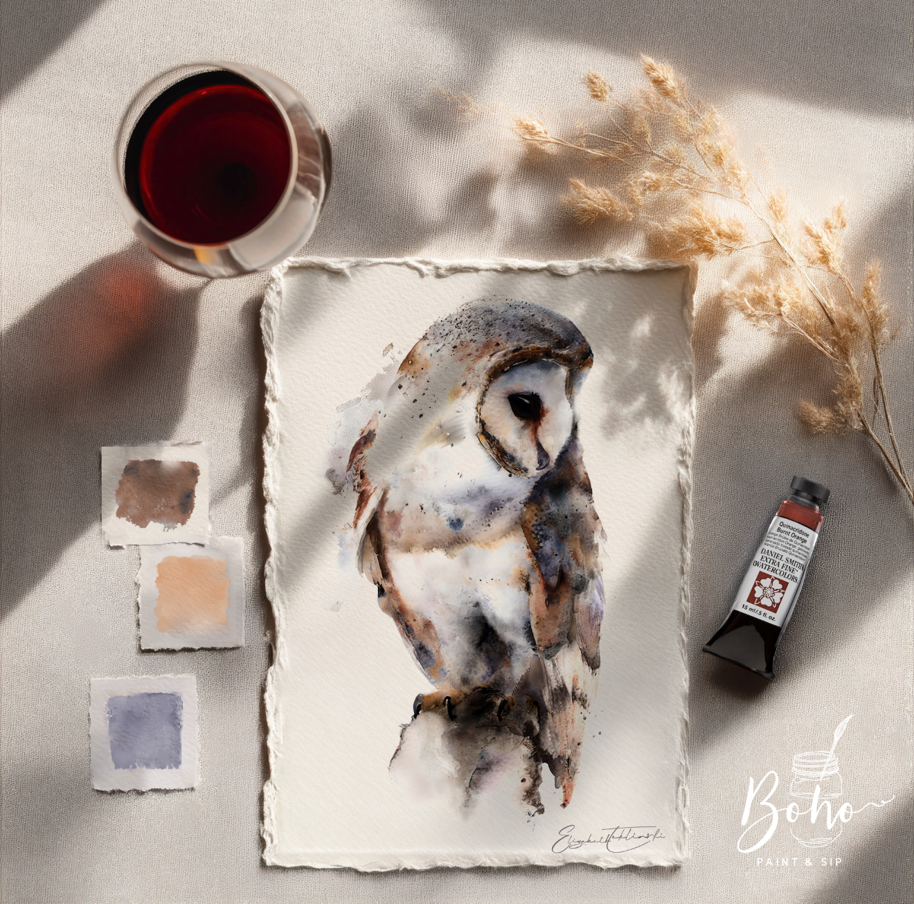 Barn owl, original watercolor by Elizabeth Teklinski