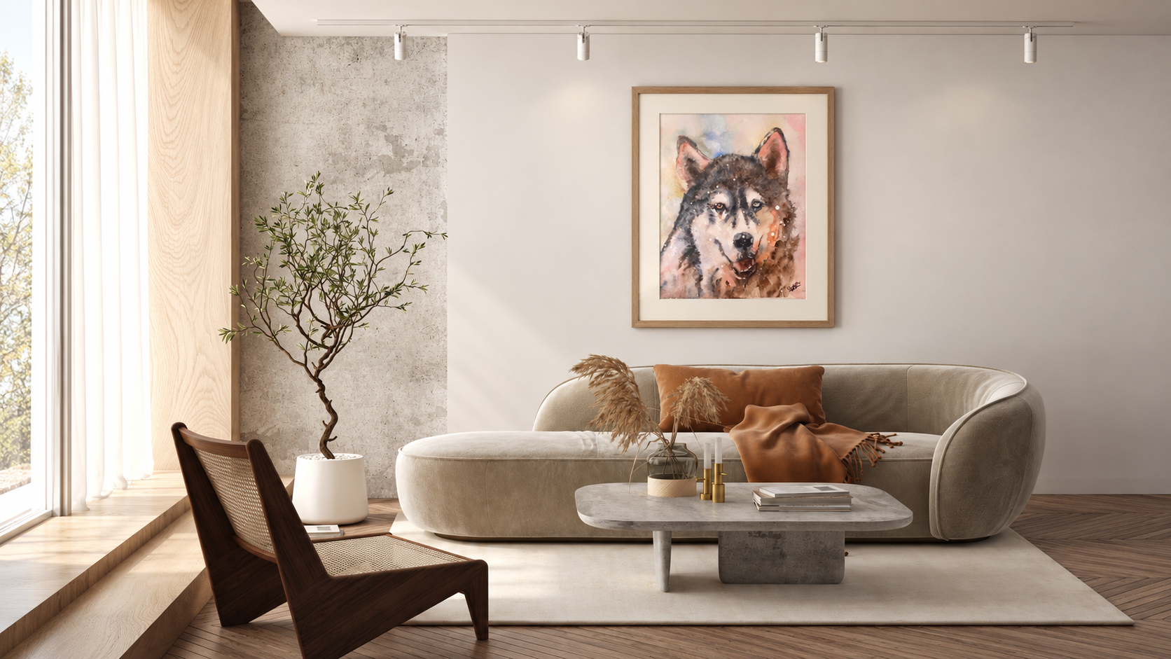 Illustrative room mockup of Husky portrait, watercolor by Elizabeth Teklinski