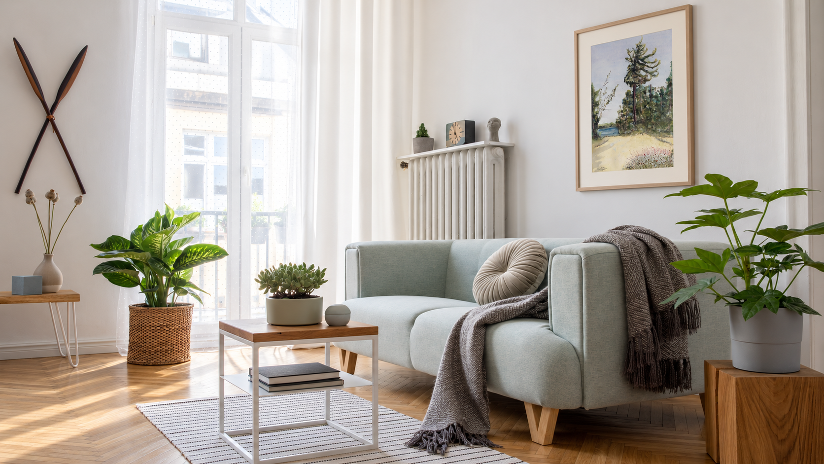 Illustrative room mockup of Lakeside landscape, watercolor by Elizabeth Teklinski