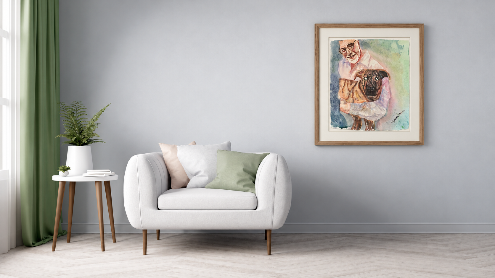 Illustrative room mockup of Man and dog, watercolor by Elizabeth Teklinski