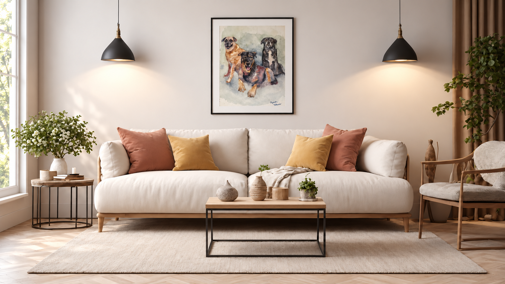 Illustrative room mockup of Three dogs, watercolor by Elizabeth Teklinski